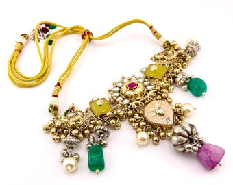 Yellow Carving and Natural Stone Choker Necklace with Dual Tone Finish