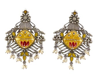 Hand-painted Silver Replica Earrings with Monalisa  Stone