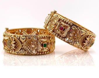 Bangles in Matte Golden Finish with Red and Green Stone (Size:2.4)