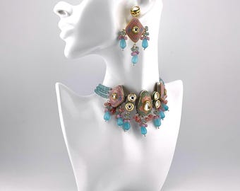 Handcrafted Choker Necklace with Mint Blue Stone And Kundan