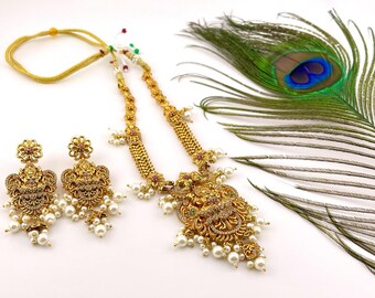 Golden Finish Lakshmi Necklace: Multicolor Stone & Pearl Beads