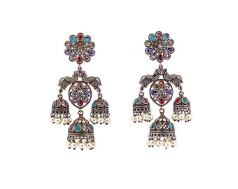 May include: Silver earrings with a multi-colored stone design. The earrings feature a floral design with a central stone surrounded by smaller stones. The earrings are accented with pearl-like beads.