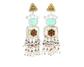 Mint Green Carving Stone and Pearls Beads Earrings in Silver Replica Finish