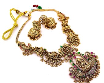 Lakshmi Necklace with Multi-color Stone In Antique Golden Finish