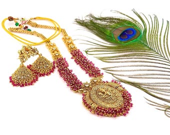 Antique Golden Finish Long Radha Krishna Necklace with Red Crystal and AD
