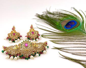 Choker Necklace with Multicolor AD Stone Artificial Pearl in Golden Finish