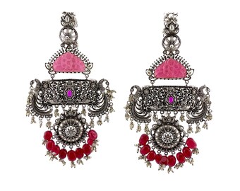 92.5 Silver Replica Finish Carving Stone Long Earrings