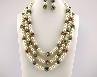 White Beads Mala with Metallic Ball and Multicolor Stone
