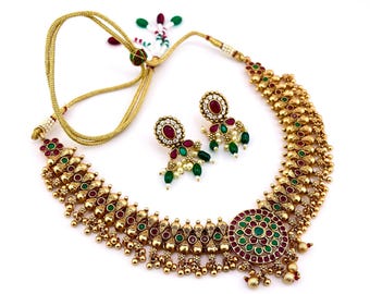 Necklace with Multi-color Stone and Golden Ghunghroo