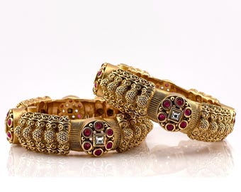 Bangles in Rajwadi Finish with Red and White Stone (Size:2.4)