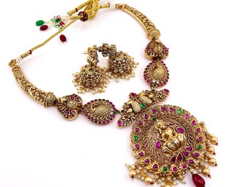 Lakshmi Necklace Multi-color Stone In Matte Golden Finish