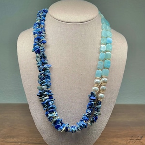 Handmade Aquamarine Lapis Lazuli Pearl Necklace: Natural Stone Jewelry