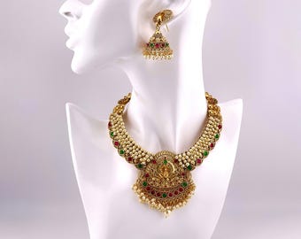Pearl Beads Necklace in Golden Finish with Red & Green Kemp Stone