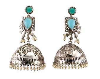 92.5 Silver Replica Jhumka Earrings with Monalisa Stone
