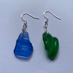 Handmade blue and green sea glass sterling silver 925 dangle earrings. Sea glass from neck of bottles.