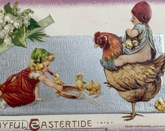 German Antique Easter Postcard with Chickens and Chicks