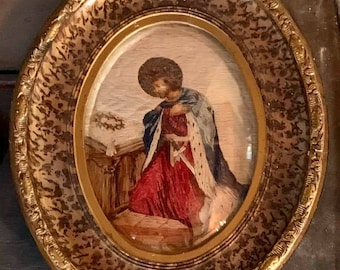 Antique French  Hand Silk-embroidered CHrist The King