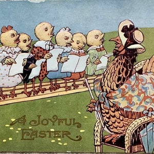 Incantevole biglietto di Pasqua del 1912 con gallina e pulcini