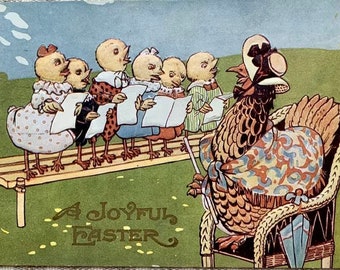 Charming 1912 Easter Card with hen and her chicks