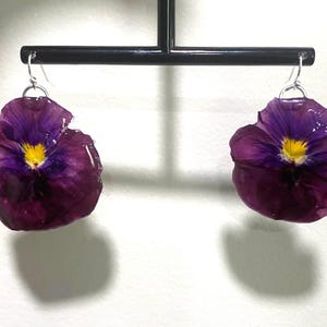 Echte Stiefmütterchen Ohrringe: UV-Resin, Sterlingsilber vergoldet