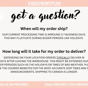 May include: A light pink graphic with the text "VIBEPRINTFUN" at the top. The text "got a question?" is in a cursive font. Below, it answers questions about order shipping and delivery times. The Pinterest URL is at the bottom.