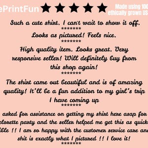 May include: A peach-colored background with black text and five black stars. The text includes customer reviews about a shirt, mentioning quality, appearance, and customer service. The phrase "Made using 100% ethically grown US cotton" is also visible.