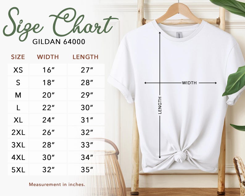 May include: A white t-shirt hanging on a wooden hanger, with a size chart to the left. The chart lists sizes XS to 5XL, with corresponding width and length measurements in inches. The text "Size Chart" is at the top.