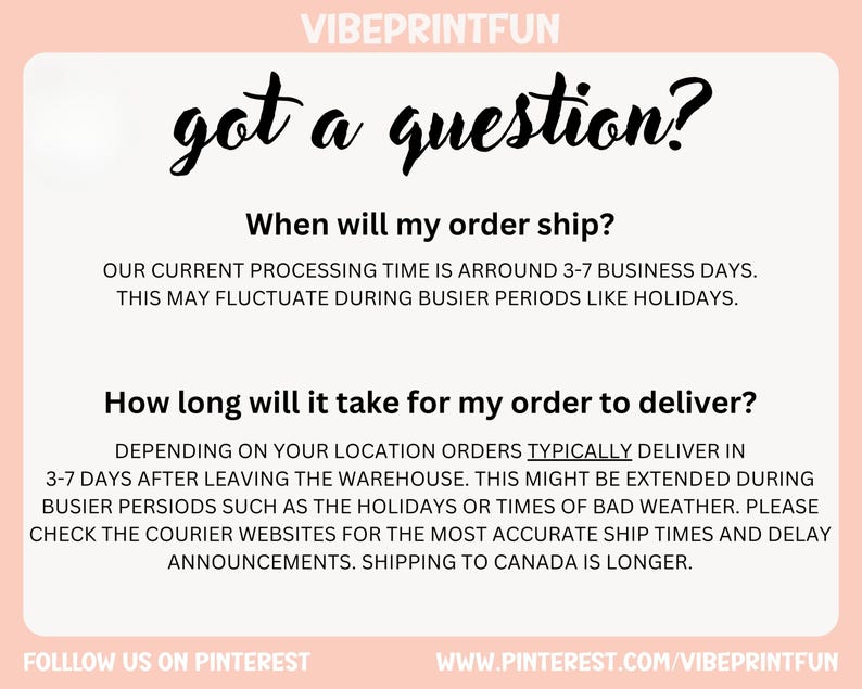 May include: A light pink graphic with the text "VIBEPRINTFUN" at the top. The words "got a question?" are in large, cursive font. Below, the text answers questions about order shipping and delivery times.