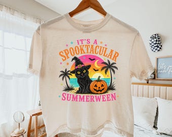 Summerween Comfort Color Shirt, It's A Spooktacular Summerween Tee, Vintage Black Cat Halloween Beach Shirt Preppy Summer Halloween Boxy Tee