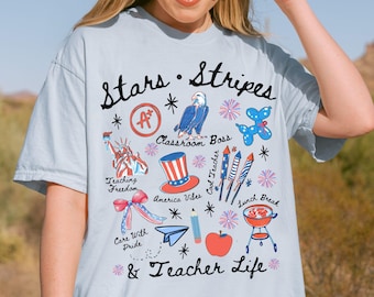 4th of July Teacher Comfort Colors Shirt Patriotic USA Teacher Shirt America Flag Teacher Tee Teacher Gift