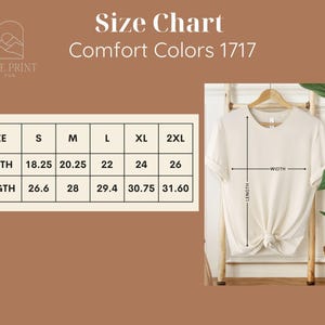Puede incluir: Tabla de tallas para camisetas Comfort Colors 1717, que muestra las medidas de ancho y largo en pulgadas para las tallas S, M, L, XL y 2XL.
