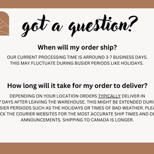 May include: A white background with brown text that reads "got a question?" and provides information about shipping times and processing times for orders. The text states that the current processing time is around 3-7 business days and that this may fluctuate during busier periods like holidays. The text also states that orders typically deliver in 3-7 days after leaving the warehouse, but this might be extended during busier periods such as the holidays or times of bad weather. The text encourages customers to check the courier websites for the most accurate ship times and delay announcements. The text also states that shipping to Canada is longer.
