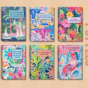 May include: Seven different designs of spiral bound notebooks with colorful patterns and humorous text. The text includes phrases like "Not all who wander are lost, some are just avoiding people" and "This is where I overthink everything".