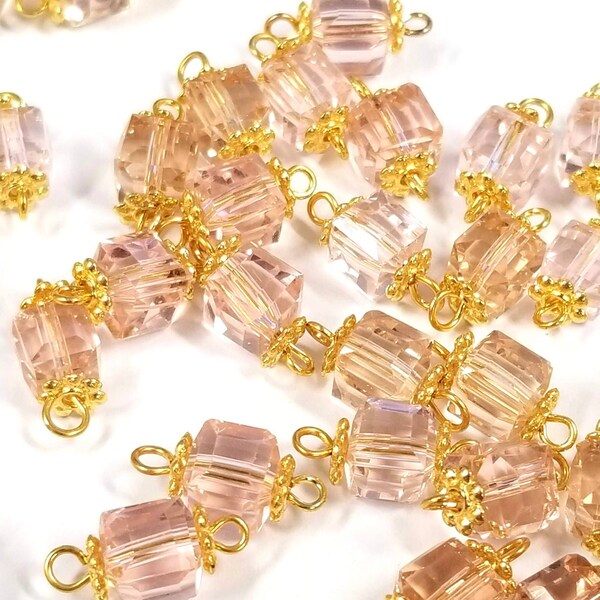 10pcs Pink 7-8mm Faceted Cube Earring Drops, Charms, Pink Glass Links, connectors, dangles, 16x7.7mm, Gold Tone Brass findings. FN9084X