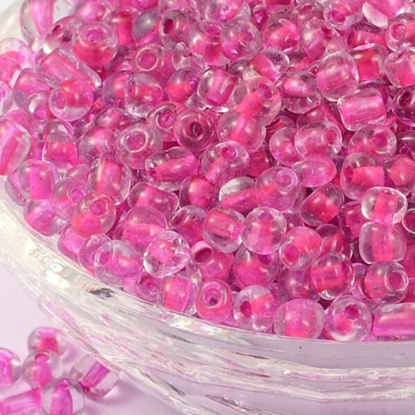 Fuchsia and Clear Seed Beads, 40 grams Size 6/0, 4mm Clear with Fuchsia lined 1mm Hole Waistline Beads, Waist Beads Tummy Beads SB0137