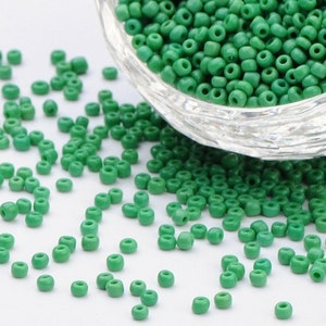 Green Glass Seed Beads, 40 grams Opaque Green glass seed beads 2mm round 1mm hole SB0188