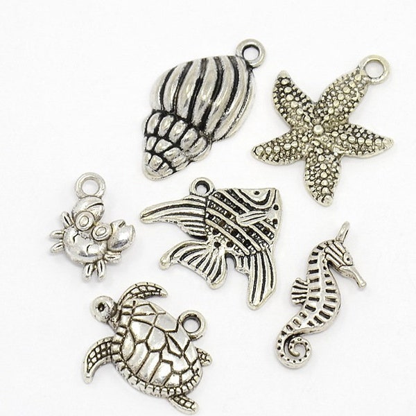 1 Set of 6 Beach Themed Charms, Sea Turtle, Fish, Crab, Sea Horse, Star Fish and a Shell  C9371