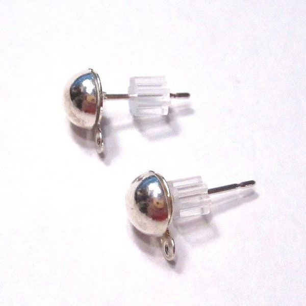 10 pr. Bright Silver Earstuds silver-plated brass and stainless steel, 8mm half ball with closed loop. Earring Posts ER1012