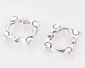 10pcs Square Silver Bead Frames, Square Ring Connectors, Link Frames, Antique Silver, 14x14x3mm, Hole: 1mm, opening 10x83mm BF9024