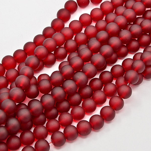 105 Deep Dark Red 8mm Sea Glass Beads, Frosted Glass Beads 1.6mm hole 31" strand FGB0010