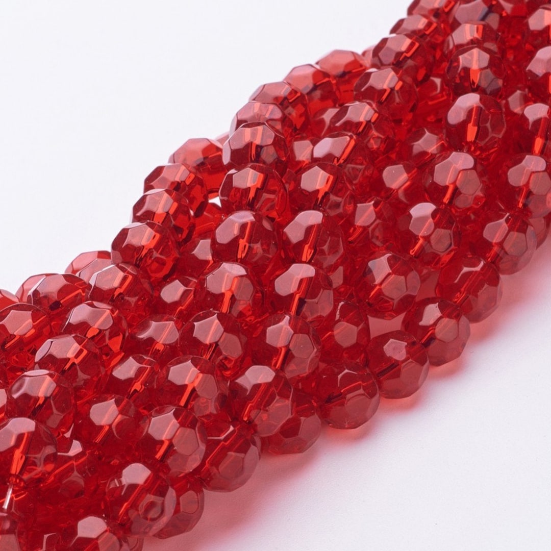 Bright Red 8mm Faceted Glass Beads, Faceted Round Beads, 8mm Red Beads