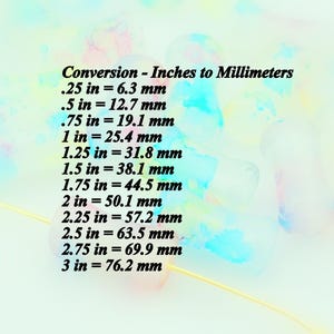 May include: A conversion chart from inches to millimeters is displayed on a soft, colorful background. The text includes conversions such as .25 in = 6.3 mm, .5 in = 12.7 mm, and 1 in = 25.4 mm. The chart is designed to help with measurement conversions.
