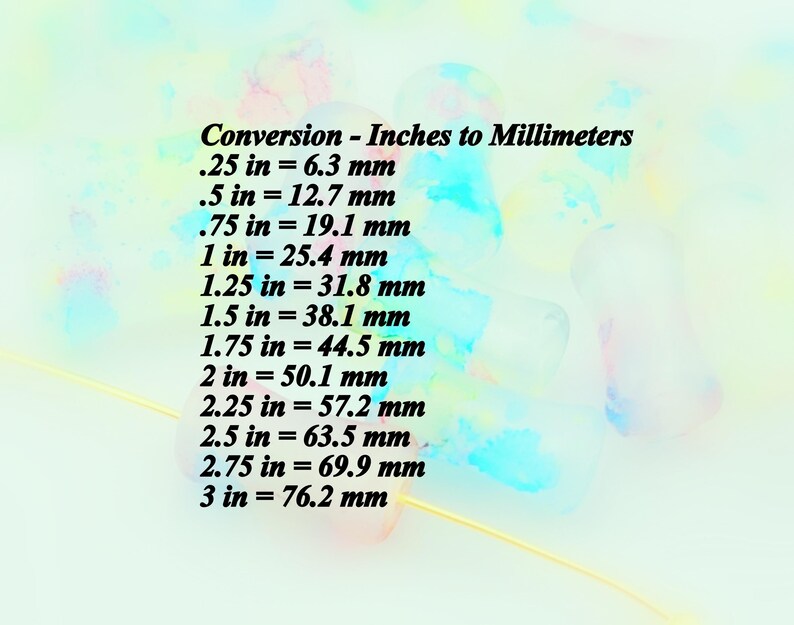 May include: A conversion chart from inches to millimeters is displayed on a soft, colorful background. The text includes conversions such as .25 in = 6.3 mm, .5 in = 12.7 mm, and 1 in = 25.4 mm. The chart is designed to help with measurement conversions.