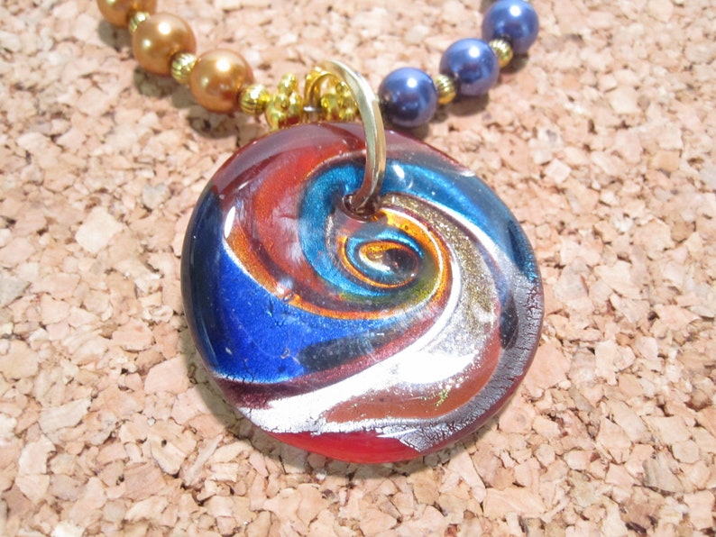 20 inch Necklace extends to 23 inches 1.5/'/' focal 3/'/' chain extender JB062 Dichroic Glass Necklace w Gold Blue Pearls Ribbed Gold Spacers