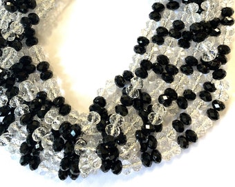 72 Faceted Rondelle Glass Bead, Black and Clear Crystal 6x8mm, 1.2mm Hole GB2646