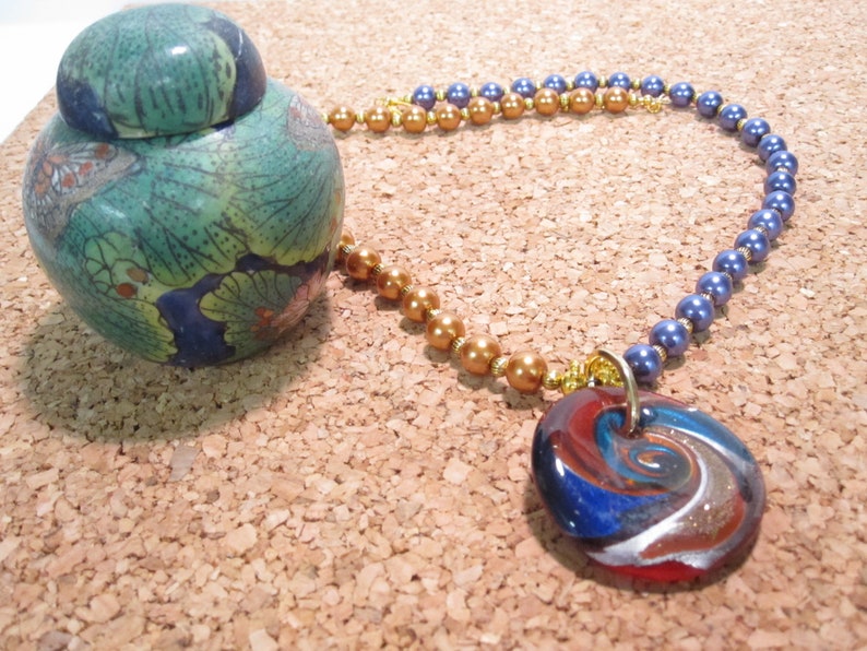 20 inch Necklace extends to 23 inches 1.5/'/' focal 3/'/' chain extender JB062 Dichroic Glass Necklace w Gold Blue Pearls Ribbed Gold Spacers