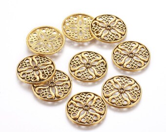 10pcs Antique Gold Flat Round Tibetan Style Filigree Metal Bead 24x3mm Hole: 2mm MB22-071