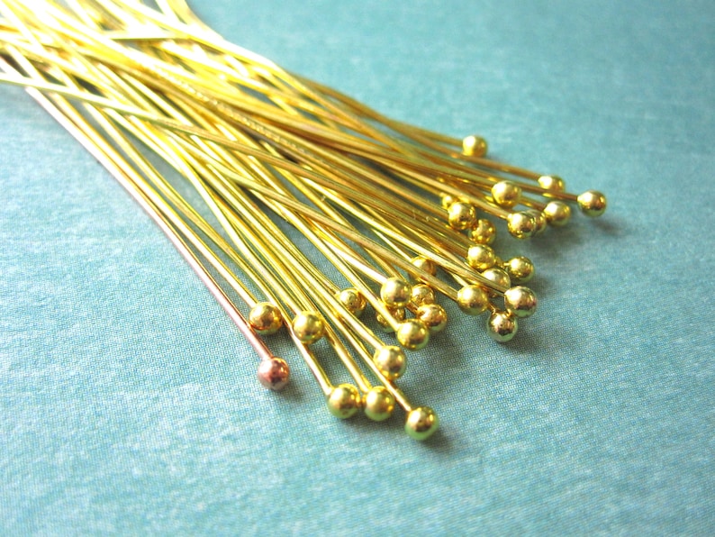 100pcs Gold Plated Brass Ball Head Head Pins 50mm 2 inch 23ga. HP9002 image 2