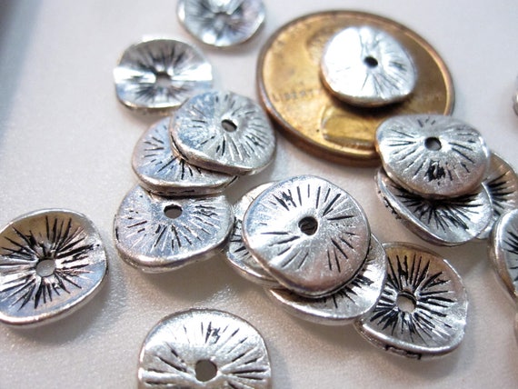 *100* 9x1mm Antique Silver Wavy Disc Spacer Beads