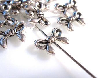 20+ Antique Silver Bow Beads, Ribbon Beads, Tibetan Style, Lead Free, Cadmium Free & Nickel Free; 10x14x3mm, Hole: 1mm, MB9099